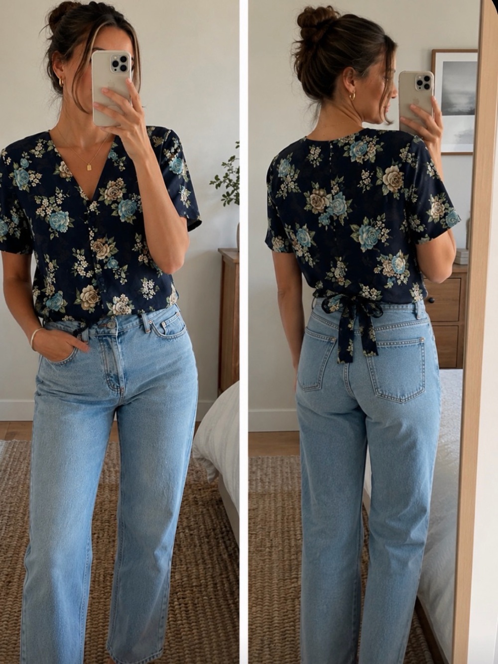 Miss Selfridge Navy Floral Tie-Front Blouse with Blue and Cream Roses